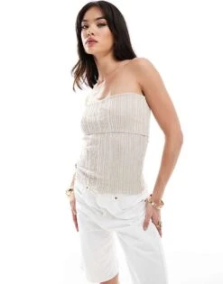 Mango Ribbed Fold Over Bandeau In Beige For Women -Mango Sales 206658322 1 beige 1