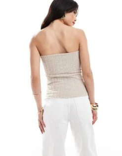 Mango Ribbed Fold Over Bandeau In Beige For Women -Mango Sales 206658322 3