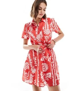 Mango Printed Shirt Mini Dress In Red For Women