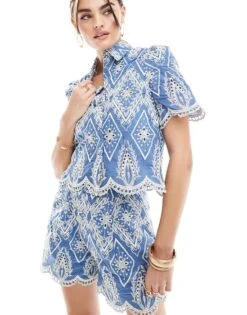 Mango Embroidered Co-ord Shorts In Blue For Women