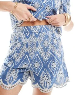 Mango Embroidered Co-ord Shorts In Blue For Women -Mango Sales 206658407 4