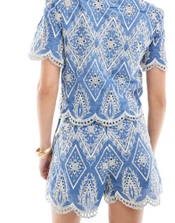 Mango Embroidered Co-ord Shorts In Blue For Women -Mango Sales 206658407 5