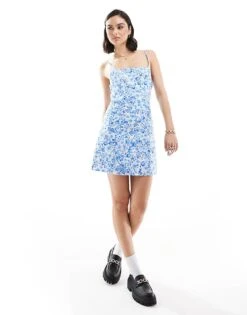 Mango Porcelain Floral Printed Mini Dress In White And Blue For Women
