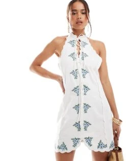 Mango Embroidered Lace Up Mini Dress In White For Women