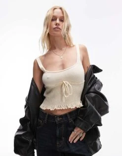 Mango Bow Front Knitted Cami In Beige For Women -Mango Sales 206658628 1 beige 1