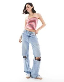 Mango Bandeau Jersey Stripe Top In Red For Women