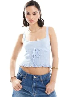 Mango Bow Front Knitted Cami In Light Blue For Women -Mango Sales 206658692 1 blue 1
