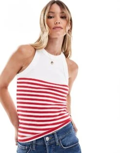 Mango High Neck Half Stripe Vest In White And Red For Women -Mango Sales 206658836 1 white 1