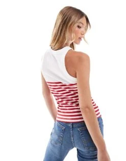 Mango High Neck Half Stripe Vest In White And Red For Women -Mango Sales 206658836 3