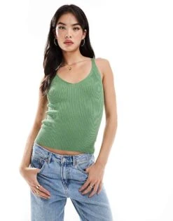 Mango Ribbed Strap Vest In Light Green For Women -Mango Sales 206658849 1 green 1