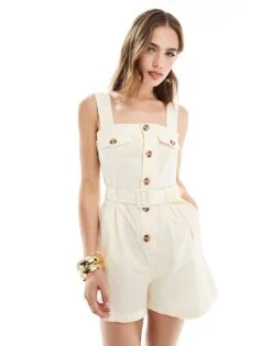 Mango Linen Mix Button Up Playsuit In Beige For Women -Mango Sales 206658870 1 beige 1