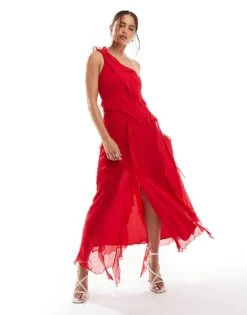 Mango Frayed One Shoulder Midi Dress In Red For Women -Mango Sales 206658939 1 red 1