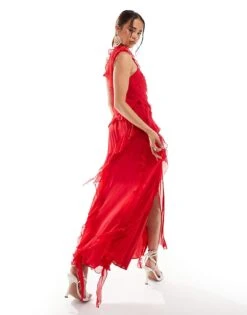 Mango Frayed One Shoulder Midi Dress In Red For Women -Mango Sales 206658939 3