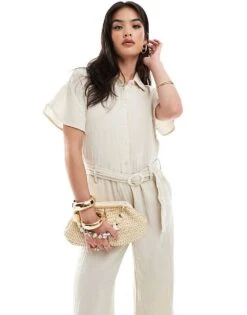 Mango Linen Look Belted Jumpsuit In White For Women