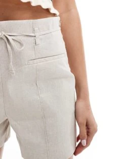 Mango Linen Mix Tie Waist Shorts In Beige For Women -Mango Sales 206659216 4