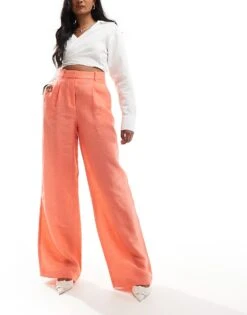 Mango Linen Mix Wide Leg Trousers In Orange For Women