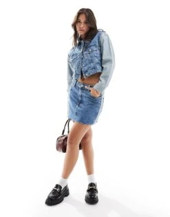 Mango Mixed Denim Jacket And Mini Skirt Co-ord Set In Blue