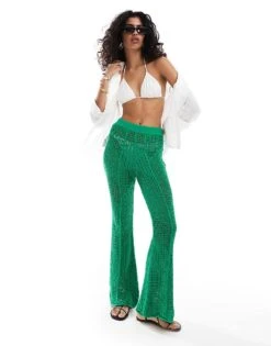 Mango Crochet Knit Trousers In Green For Women -Mango Sales 206789601 1 green 1