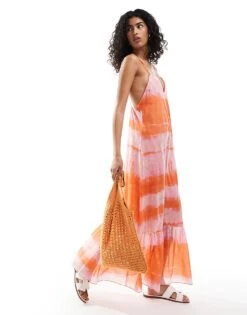 Mango Washed Print Cami Midi Dress In Pink And Orange For Women Pink & Orange