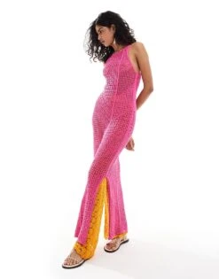 Mango Sleeveless High Neck Crochet Midi Dress In Pink For Women -Mango Sales 206789670 2