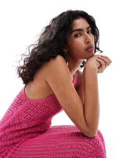 Mango Sleeveless High Neck Crochet Midi Dress In Pink For Women -Mango Sales 206789670 3