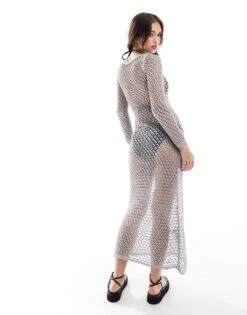 Mango Crochet Beach Midi Dress In Silver For Women -Mango Sales 206789700 3