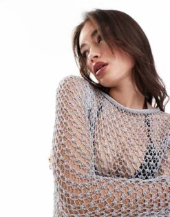 Mango Crochet Beach Midi Dress In Silver For Women -Mango Sales 206789700 4