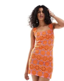 Mango Crochet Squared Mini Dress In Pink And Orange For Women Pink & Orange