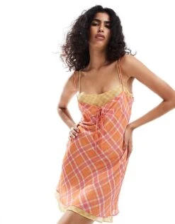 Mango Check Tie Front Mini Dress In Orange And Pink For Women Pink & Orange