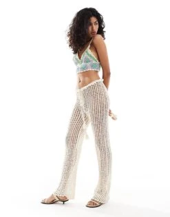 Mango Crochet Tie Wast Beach Trousers In White For Women