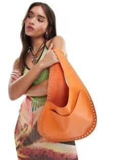 Mango X Siedres Studded Leather Bag In Orange For Women