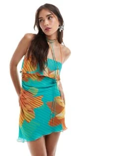 Mango X Siedres Halterneck Mini Flower Dress In Blue And Orange For Women Blue & Orange