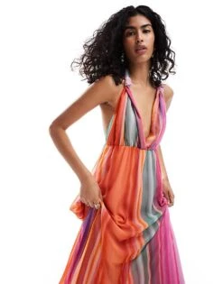 Mango Stripe V Neck Maxi Dress In Multi For Women -Mango Sales 206789872 2