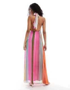 Mango Stripe V Neck Maxi Dress In Multi For Women -Mango Sales 206789872 3