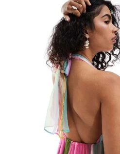 Mango Stripe V Neck Maxi Dress In Multi For Women -Mango Sales 206789872 4