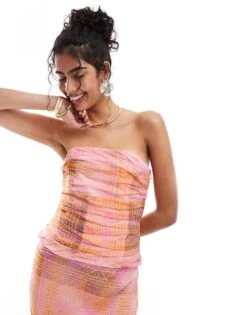 Mango Check Bandeau Co-ord Top In Pink And Orange For Women Pink & Orange