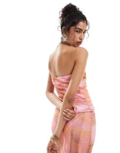 Mango Check Bandeau Co-ord Top In Pink And Orange For Women Pink & Orange -Mango Sales 206789898 4
