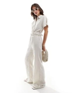 Mango Belted Short Sleeve Jumpsuit In Light Beige For Women -Mango Sales 206823444 1 beige 1