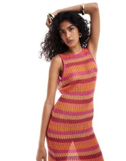 Mango Crochet Stripe Midi Dress In Pink And Orange For Women -Mango Sales 206823520 2