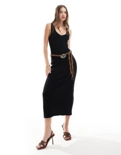 Mango Knitted Ribbed Midi Dress In Black For Women -Mango Sales 206823525 1 black 1