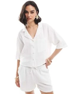 Mango Cheesecloth Short Sleeve Shirt And Shorts Co-ord Set In While -Mango Sales 206823545 1 white 1