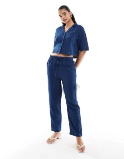 Mango Denim Look Shirt And Tie Waist Trousers Co-ord Set In Blue