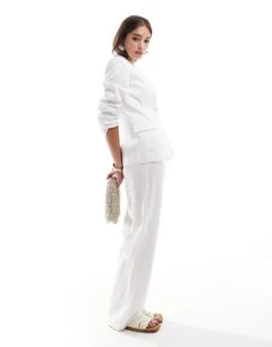 Mango Linen Cinched Waist Blazer And Tailored Trousers Co-ord Set In White -Mango Sales 206823624 1 white 1