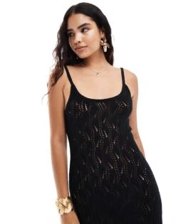 Mango Crochet Cami Midi Dress In Black For Women -Mango Sales 206846608 4