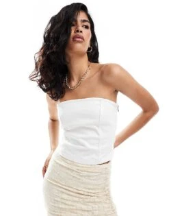 Mango Denim Bandeau Top In White For Women