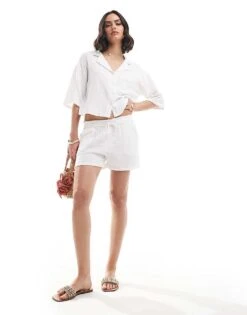 Mango Cheesecloth Short Sleeve Shirt And Shorts Co-ord Set In While