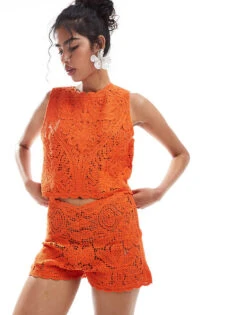 Mango Crochet Top And Shorts Co-ord Set In Orange -Mango Sales 206846626 1 orange 1