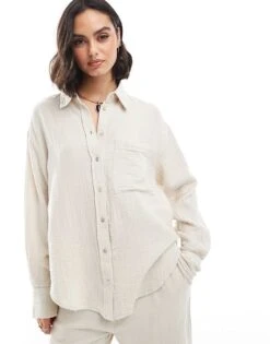 Mango Linen Look Co-ord Shirt In Light Beige For Women