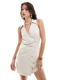 Mango Cinched Waist Linen Mix Sleeveless Mini Dress In Beige For Women