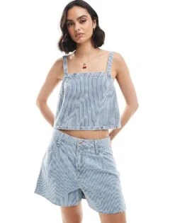 Mango Pinstripe Denim Cami Top And Shorts Co-ord Set In Light Blue -Mango Sales 206846723 1 blue